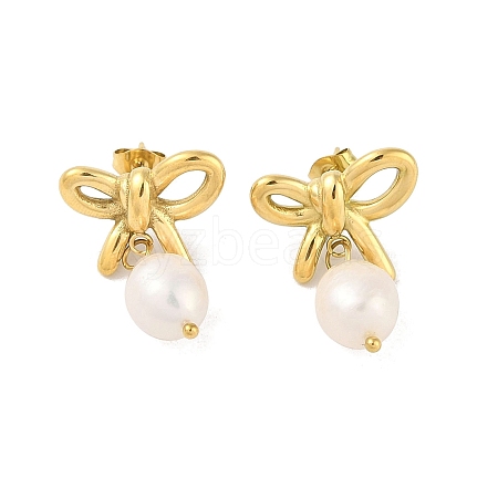 304 Stainless Steel Freshwater Pearl Stud Earrings for Women EJEW-Z049-03G-1