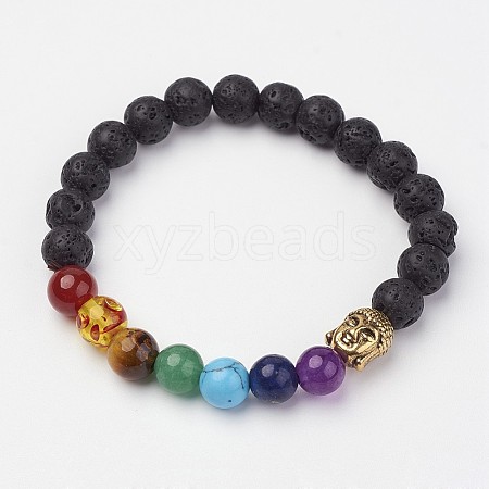 Lava Rock Beaded and Gemstone Beaded Stretch Bracelets BJEW-P065-C-08B-1