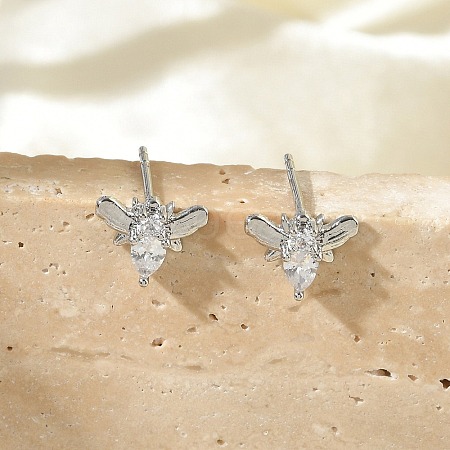 Brass Micro Pave Clear Cubic Zirconia Stud Earrings EJEW-R016-26P-11-1