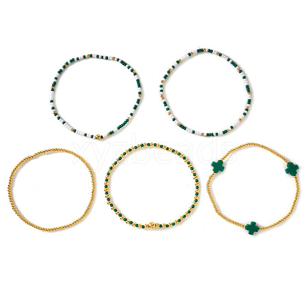 5Pcs St. Patrick's Day Brass & Acrylic & Glass Seed Bead Stretch Bracelets for Women MR9061-1-1