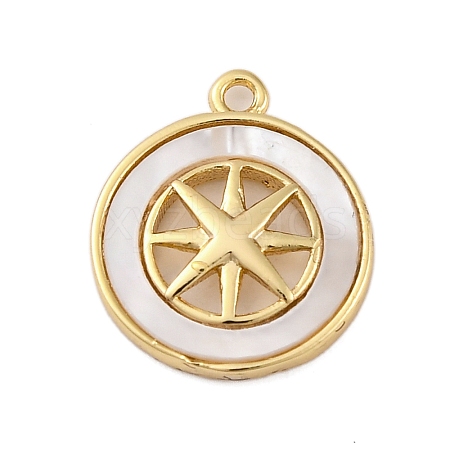 Brass Pave Natural Shell Flat Round with Star Charms KK-P289-06G-1