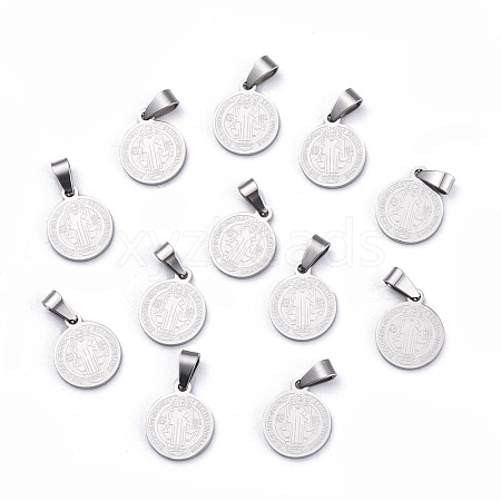 Non-Tarnish Flat Round with San Benito & Word 304 Stainless Steel Charms STAS-I036-03C-1