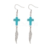 Synthetic Turquoise Cross with Alloy Feather Dangle Earrings EJEW-TA00150-1