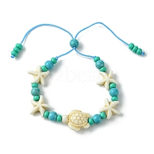 Turtle & Starfish Dyed Synthetic Turquoise Slider Bracelets BJEW-JB10279-01