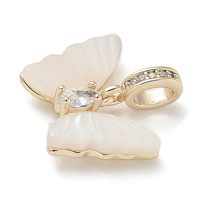 Brass Pave White Shell Butterfly European Dangle Charms KK-M308-13G-1