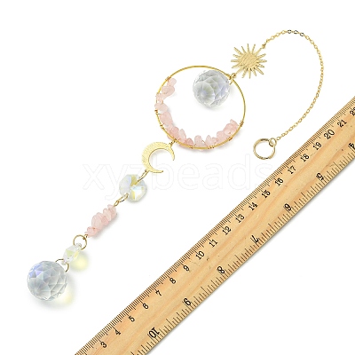 Glass Beads &  Natural Rose Quartz Chip Beads & Brass Hanging Suncatchers HJEW-JM04994-02-1