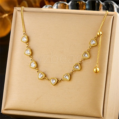 304 Stainless Steel Pave Clear Cubic Zirconia Heart Link Chain Slider Lariat Necklaces for Women NJEW-K300-01G-1