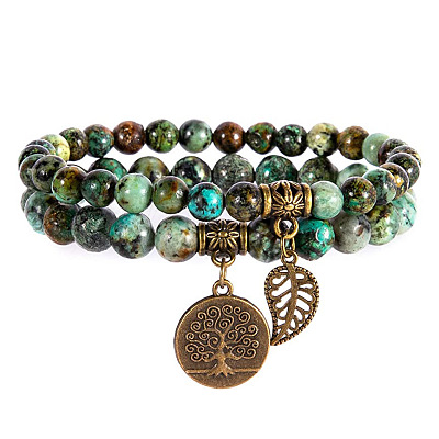 2Pcs Natural African Turquoise(Jasper) Round Beads Stretch Bracelets FS-WG435B7-10-1
