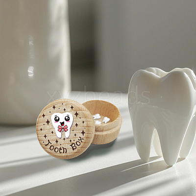 Round Beech Wooden 3D Engraved My First Tooth Box CON-WH0120-004-1
