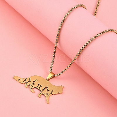 201 Stainless Steel Hollow Cat Shaped Pendant Box Chain Necklaces NJEW-M086-06G-1