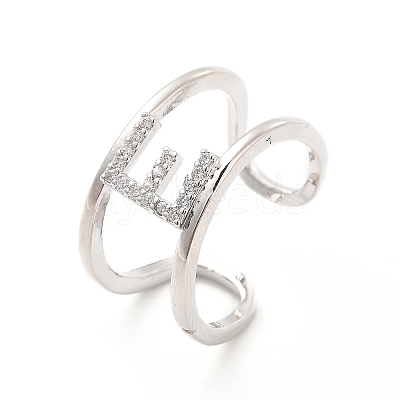 Clear Cubic Zirconia Initial Letter Open Cuff Ring RJEW-A012-01P-E-1