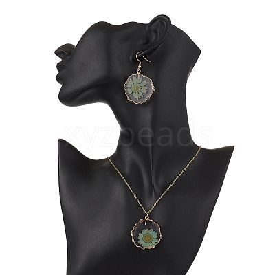 Inner Dried Flower Resin Dangle Earring & Pendant Necklaces Sets SJEW-FS00005-1