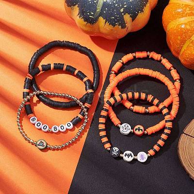 6Pcs 6 Styles Halloween Handmade Polymer Clay Beaded Stretch Bracelets Sets BJEW-TA00490-1