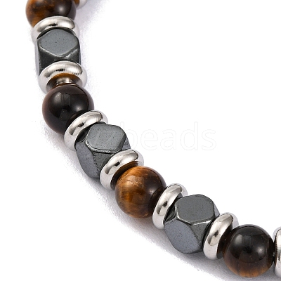 Natural Tiger Eye & Synthetic Hematite Round Beaded Bracelet BJEW-P339-02P-03-1