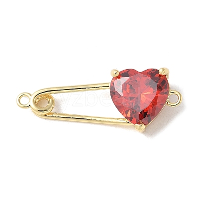 Brass Cubic Zirconia Heart Safety Pin Connector Charms KK-Q031-45G-02-1
