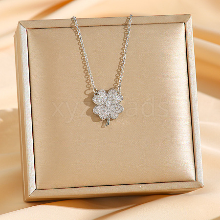 Brass Micro Pave Clear Cubic Zirconia Clover Pendants Necklaces NJEW-K280-02P-1