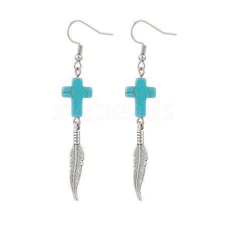 Synthetic Turquoise Cross with Alloy Feather Dangle Earrings EJEW-TA00150-1