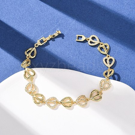 Brass Micro Pave Clear Cubic Zirconia Heart Link Chain Bracelets for Women BJEW-F530-07G-1