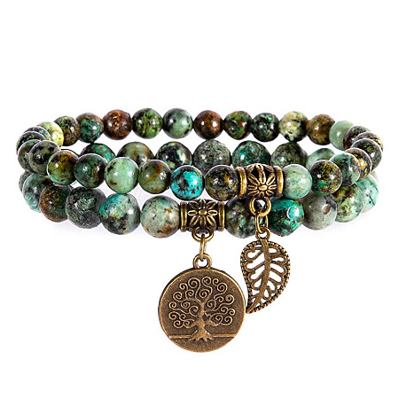 2Pcs Natural African Turquoise(Jasper) Round Beads Stretch Bracelets FS-WG435B7-10-1