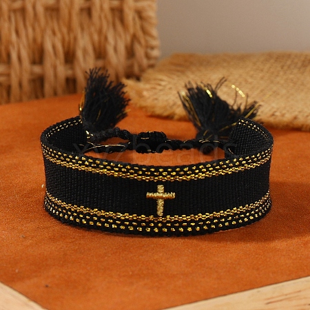 Cross Embroidered Tassel Cloth Woven Braid Bracelet PW-WG23157-01-1