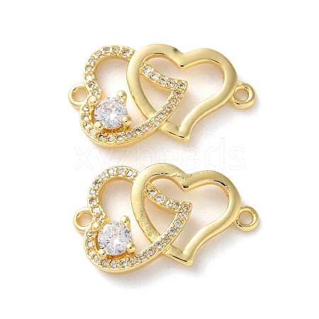 Rack Plating Brass Cubic Zirconia Double Heart Connector Charms KK-C084-32E-G-1