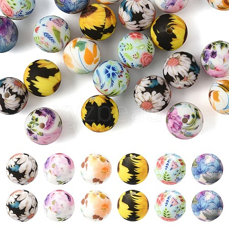 24Pcs 6 Styles Printed Round Silicone Focal Beads SIL-YW0001-76A-1