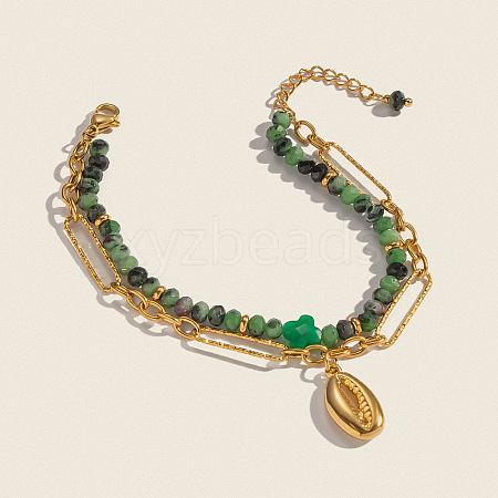 Natural Green Aventurine Beaded & 304 Stainless Steel Figaro Chains Double Layer Bracelets CN7232-1