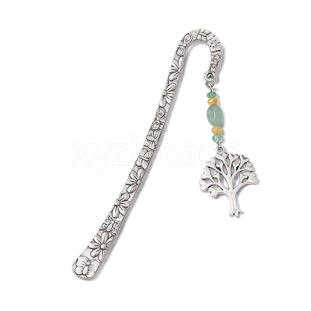 Natural Malaysia Jade & Green Aventurine Beaded Pendant Bookmarks with Alloy Tree of Life AJEW-JK00255-03-1