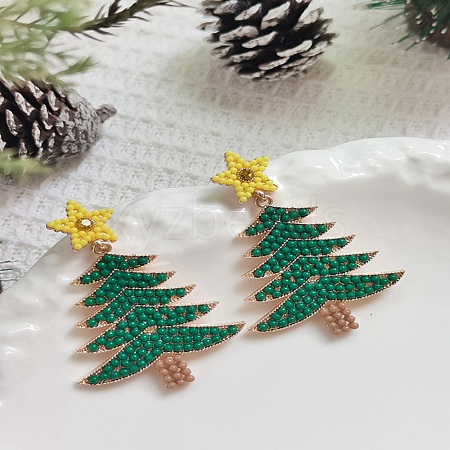 Christmas Tree Alloy & Acrylic Beaded Dangle Stud Earrings for Women EJEW-G406-01G-01-1