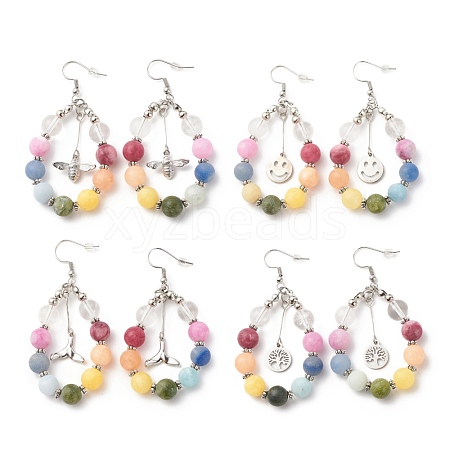 Natural Mixed Gemstone Braided Teardrop Dangle Earrings with Charms EJEW-JE04951-1