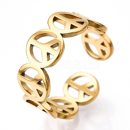 Ion Plating(IP) 304 Stainless Steel Peace Sign Open Cuff Ring for Women RJEW-T027-08G-1