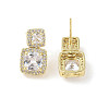 Square Brass Pave Clear Cubic Zirconia Stud Earrings with Glass for Women EJEW-L285-003G-2