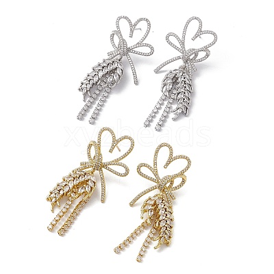 Clear Cubic Zirconia Heart Bowknot with Wheat Dangle Stud Earrings EJEW-M210-06-1