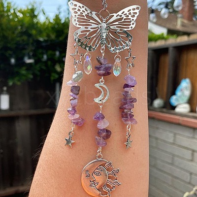 Natural Amethyst Butterfly Hanging Suncatcher Pendant Decoration DJEW-PW0008-19-35-1