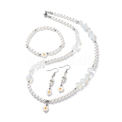 Plastic Pearl Daisy Pendant Dangle Earrings & Stretch Bracelet & Pendant Necklace SJEW-JS01256-1
