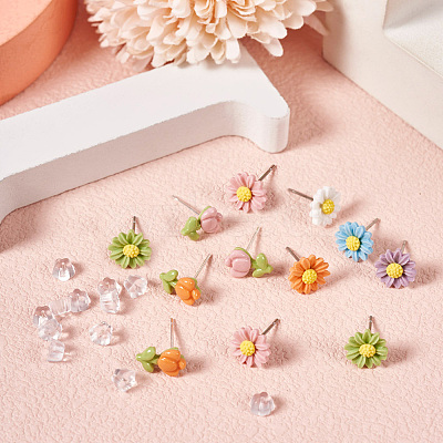 10pcs 8 style Flower Porcelain Stud Earrings EJEW-TA0001-30-1