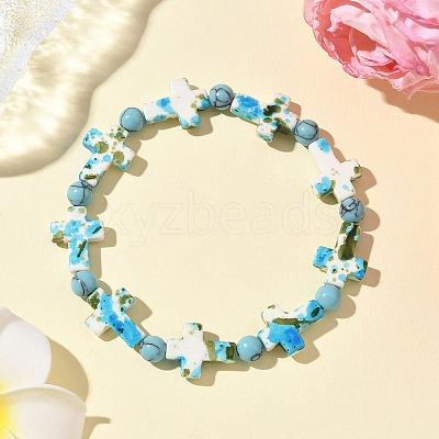 Baking Paint Synthetic Turquoise Cross & Round Beads Stretch Bracelets for Men Women BJEW-JB12341-02-1