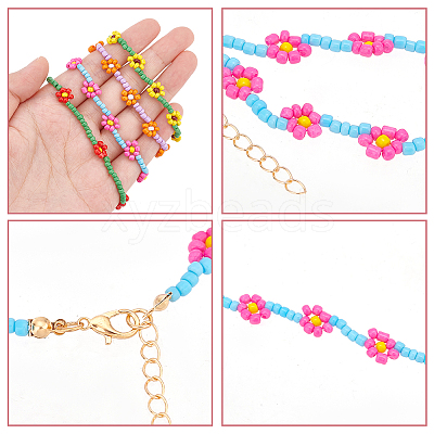 12Pcs 12 Style Glass Seed Braided Flower Stretch Bracelets Set BJEW-AN0001-14-1