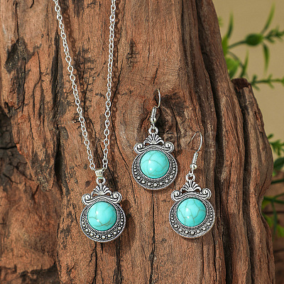 Bohemian Ethnic Style Zinc Alloy & Synthetic Turquoise Pendant Necklaces & Dangle Earrings Sets WG7E01E-04-1