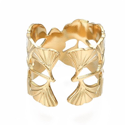 304 Stainless Steel Ginkgo Leaf Wrap Open Cuff Ring X-RJEW-T023-28G-1