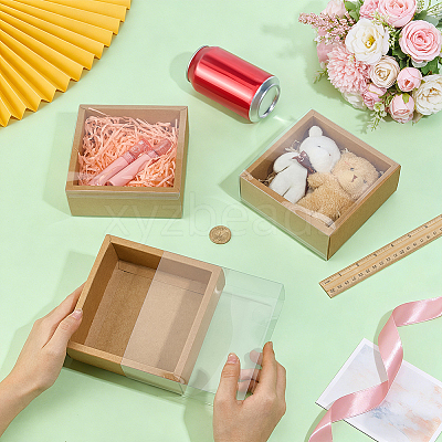 Square Folding Cardboard Kraft Paper Packing Drawer Boxes with Clear Plastic Cover CON-WH0100-57A-1