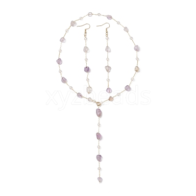 Handmade Natural Amethyst Beaded Chains Earring & Necklaces Sets SJEW-JS01342-02-1