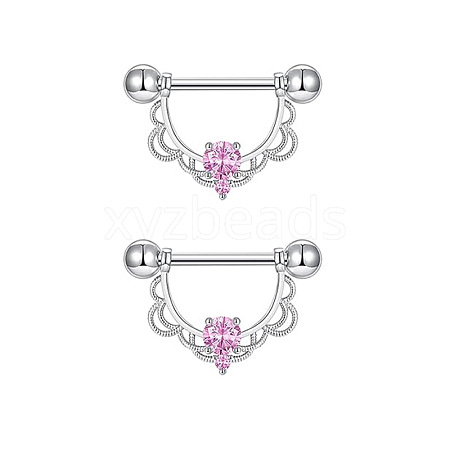 304 Stainless Steel Pink Cubic Zirconia Nipple Rings WGE5BE3-10-1