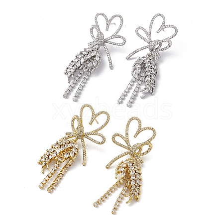 Clear Cubic Zirconia Heart Bowknot with Wheat Dangle Stud Earrings EJEW-M210-06-1