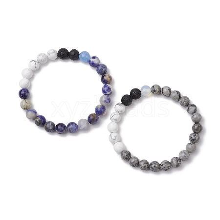 2 Pcs Round Natural & Synthetic Gemstone Stretch Bracelets Sets for Women BJEW-JB11014-1