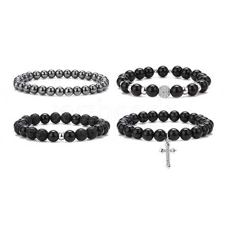 4Pcs 4 Style Natural Eyeless Obsidian & Lava Rock & Synthetic Hematite Beaded Bracelets Set BJEW-JB09085-1