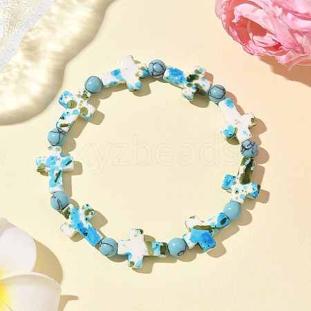 Baking Paint Synthetic Turquoise Cross & Round Beads Stretch Bracelets for Men Women BJEW-JB12341-02-1