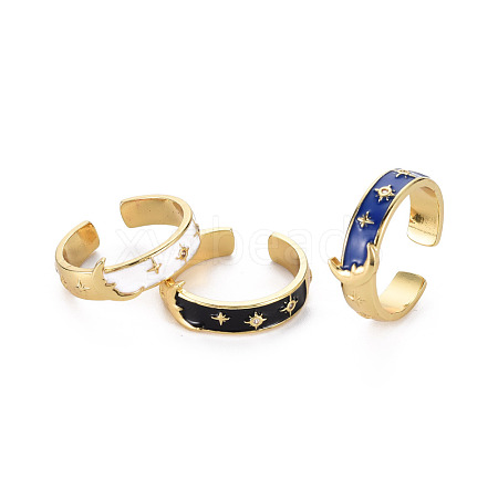 Real 16K Gold Plated Star & Moon Enamel Cuff Rings for Women RJEW-Q165-017-NR-1