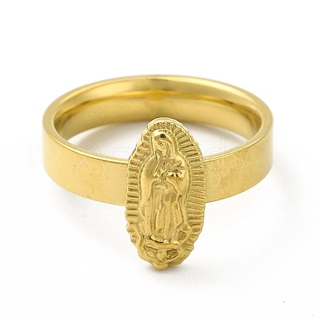 Vacuum Plating 304 Stainless Steel Oval with Virgin Mary Finger Ring for Women RJEW-A013-02G-03-1