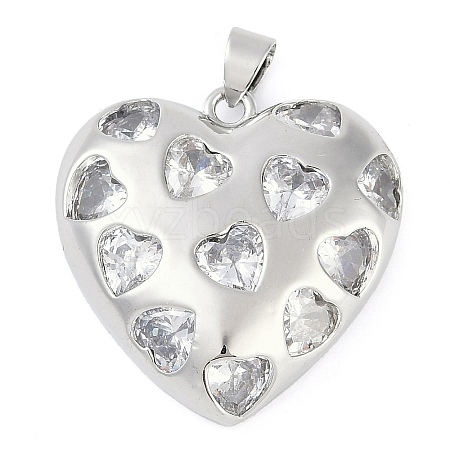 Rack Plating Heart Brass Micro Pave Clear Cubic Zirconia Pendants KK-P287-37P-1